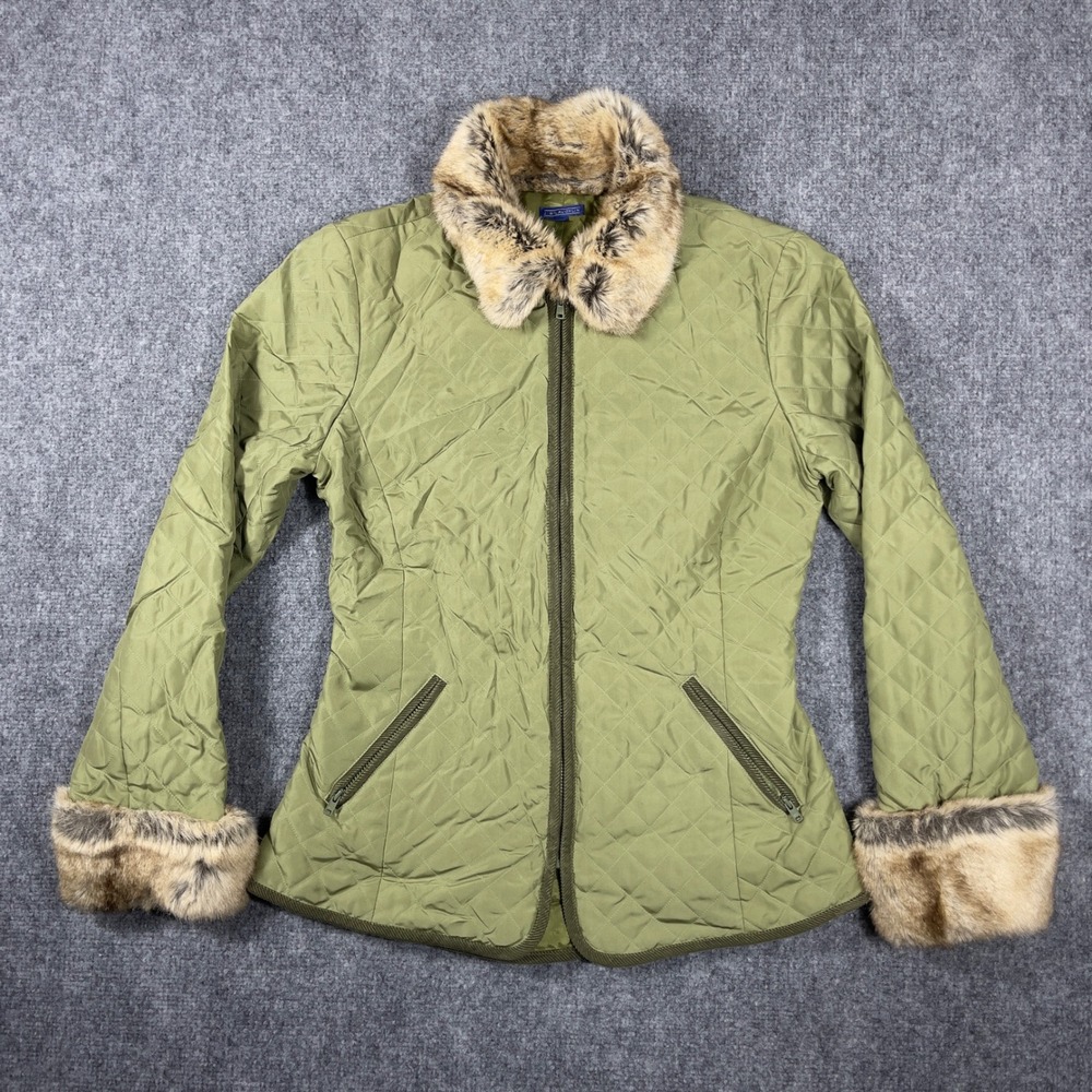 J. McLaughlin Quilted Jacket Women XS Olive Green Silk Faux Fur Trim Full Zip